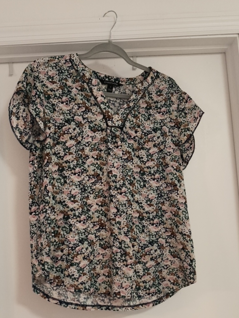 41 Hawthorn Floral Short-Sleeve Button Front Top in Pink, Green and Brown
